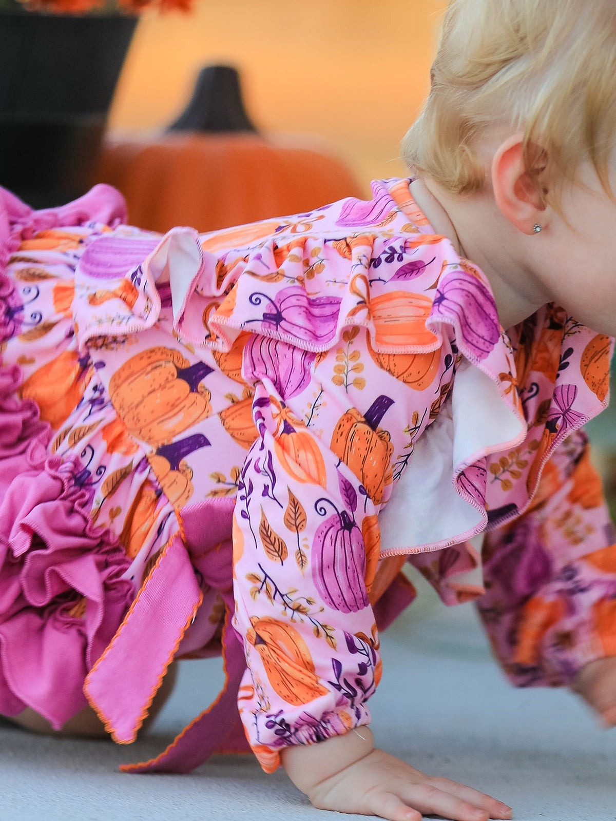 Thanksgiving Pumpkin Girls Romper with Ruffle Bow