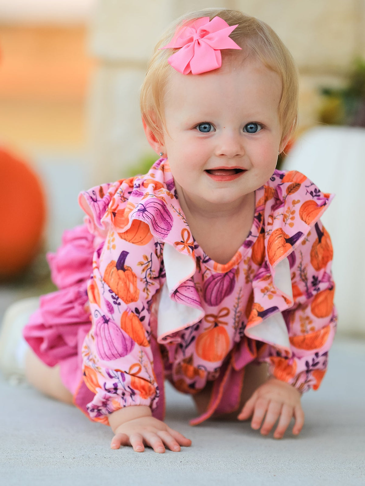 Thanksgiving Pumpkin Girls Romper with Ruffle Bow