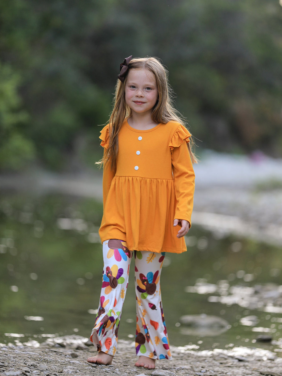 Fall Halloween & Thanksgiving Pumpkin Turkey Print Girls Long Sleeve Set
