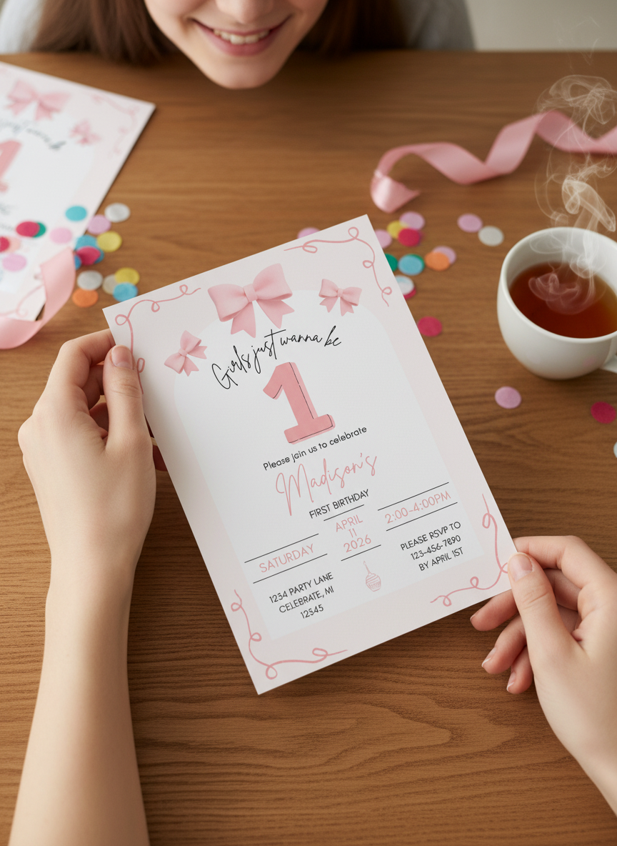 🎀 Girls Just Wanna Be ONE – Editable 1st Birthday Invitation Canva Template