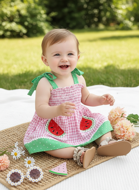 Watermelon Gingham Smocked Dress
