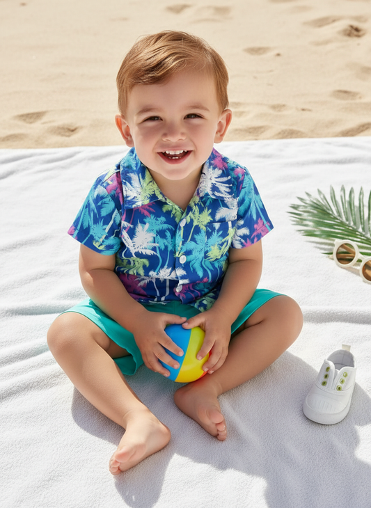 Tropical Print Button-Up Shirt & Shorts Set