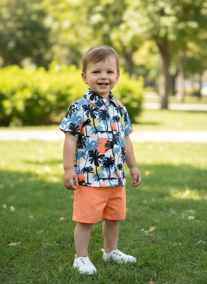 Tropical Print Button-Up Shirt & Shorts Set