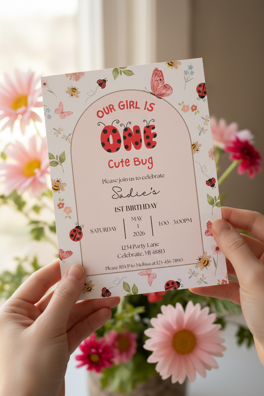 🐞Our Girl is ONE Cute Bug - Editable First Birthday Invitation Template