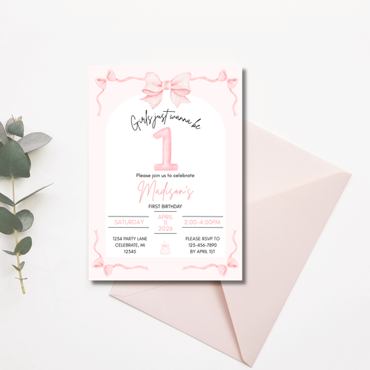 🎀 Girls Just Wanna Be ONE – Editable 1st Birthday Invitation Canva Template